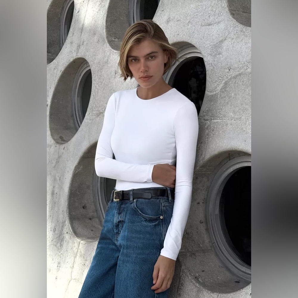 Zara, Long Sleeve Polymide Bodysuit, White, Large, NWT